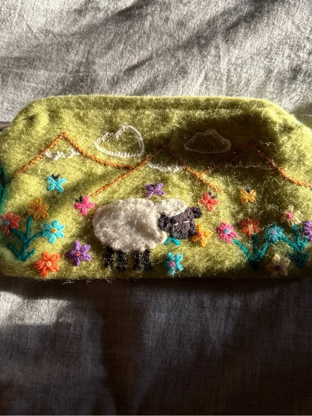 Embroidered Green Wool Sheep Phone Clutch Case